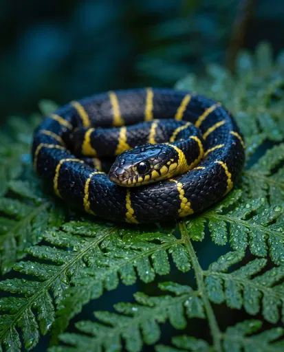 Coiled Black and Yellow Snake on Fern