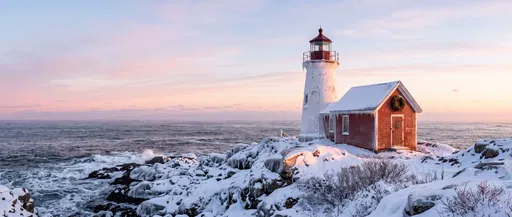 Snowy Coastal Lighthouse at Winter Sunrise