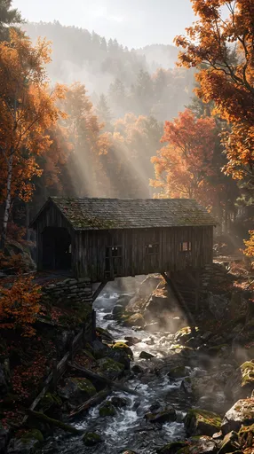 Covered Bridge Over Autumn Mountain Stream