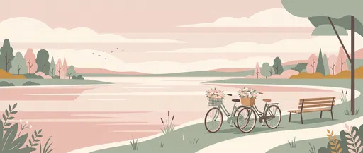Pastel Lakeside Bicycles and Bench Illustration