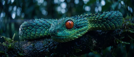 Green Bush Viper on Mossy Branch