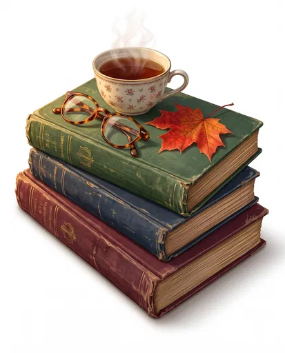 Stacked Vintage Books with Tea and Leaf