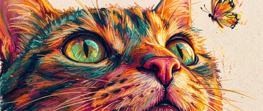 Colorful Pastel Drawing of Cat Watching Butterfly