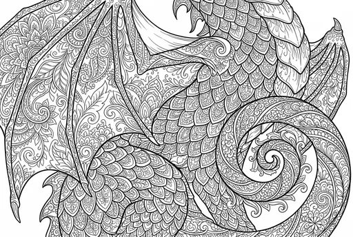 Intricate Zentangle Dragon Scales and Wing Coloring Page