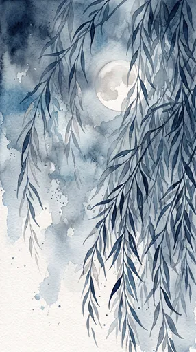 Watercolor Weeping Willow and Pale Moon