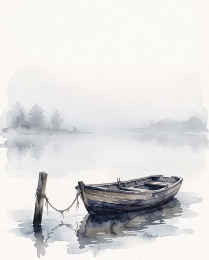 Watercolor Rowboat Moored on Misty Lake