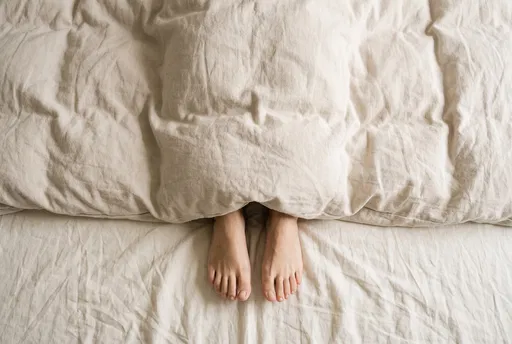 Bare Feet Sticking Out of Beige Duvet