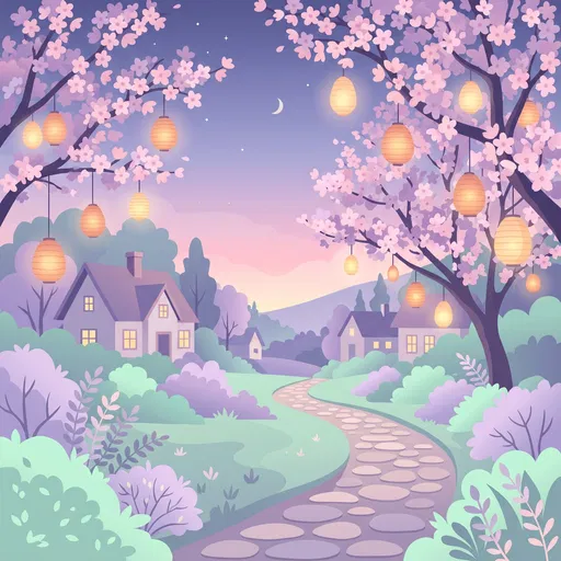 Pastel Twilight Village with Blossom Lanterns