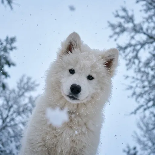 Fluffy White Samoyed Puppy in Winter Snow