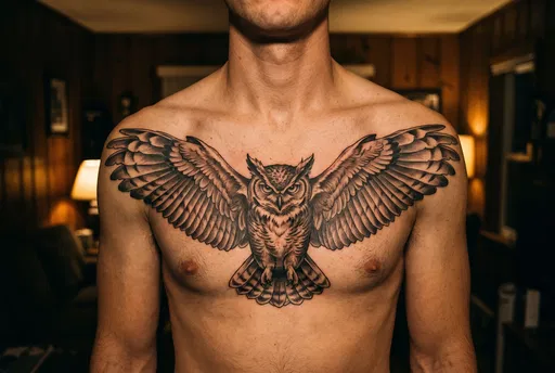 Man With Owl Chest Tattoo Indoors