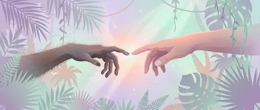 Monkey and Human Hands Reaching in Jungle