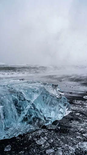 Blue Ice Block on Black Sand