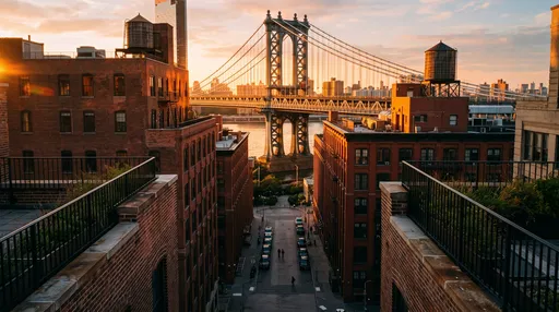 Golden Hour Rooftop View of Manhattan Bridge
