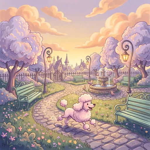 Pink Cartoon Poodle in Pastel Park