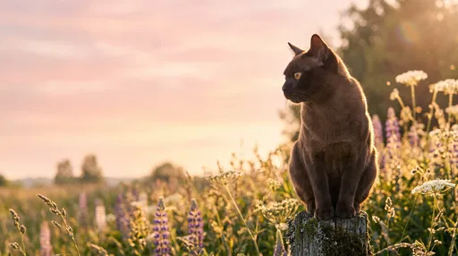 Brown Burmese Cat in Sunset Meadow