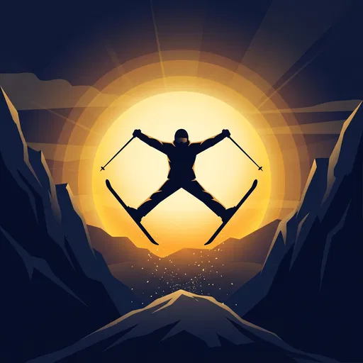 Skier Jumping Before Glowing Sun Illustration