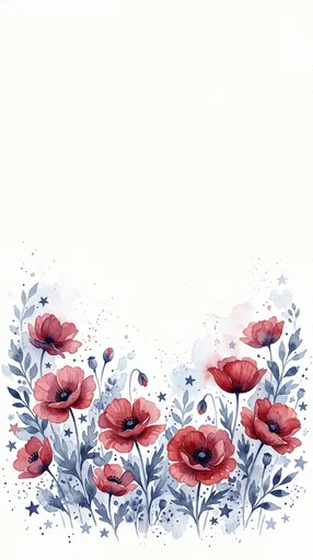 Watercolor Red Poppies and Blue Stars Border
