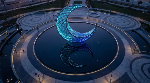 Illuminated Blue Crescent Moon Monument at Dusk