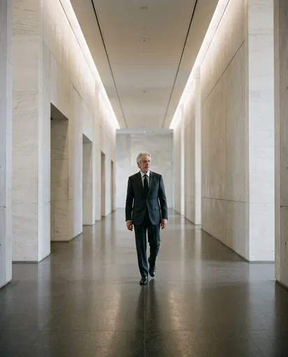 Senior Executive Walking Down Modernist Corridor