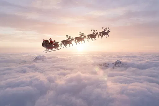 Santa Sleigh and Reindeer Above Sunrise Clouds