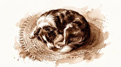 Sepia Watercolor Sleeping Dog on Rug