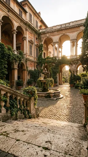 Sunlit Italian Renaissance Palazzo Courtyard with Fountain