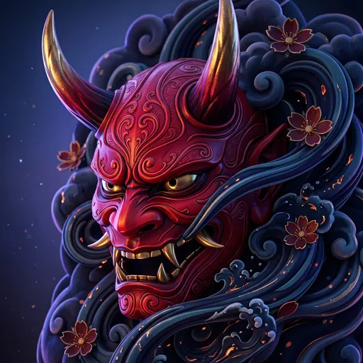 Crimson Hannya Demon Mask 3D Illustration