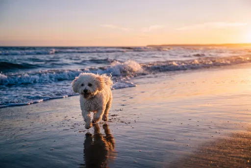 White Dog Running on Sunset Beach