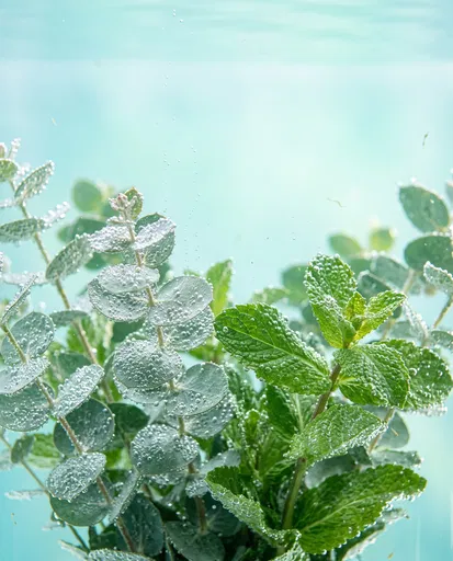 Submerged Eucalyptus and Mint with Bubbles