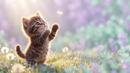 Stylized Tabby Kitten Reaching for Dandelion