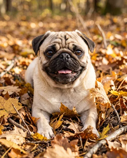 Smiling Fawn Pug in Autumn Leaves