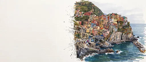 Mediterranean Coastal Town Ink and Marker Sketch