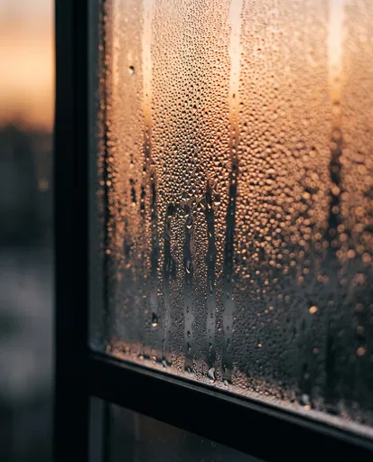 Condensation Droplets on Window at Sunset