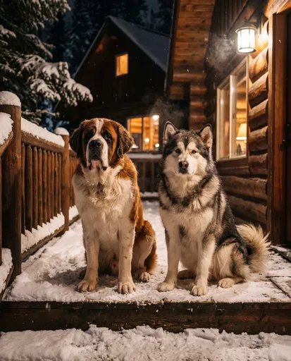 Saint Bernard and Malamute on Snowy Porch