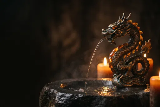 Bronze Dragon Fountain With Warm Candlelight