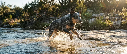Blue Heeler Running Through Creek at Sunset