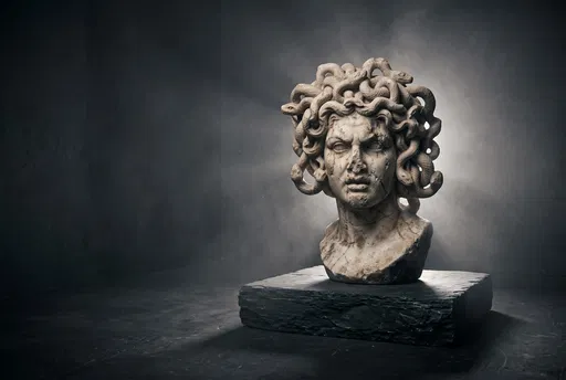 Weathered Marble Gorgon Bust on Slate