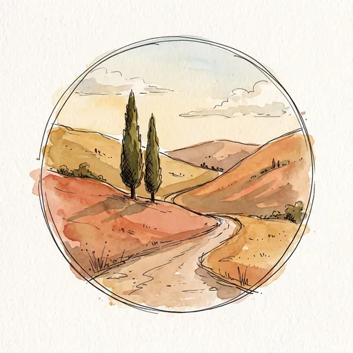 Circular Watercolor Landscape With Cypress Trees