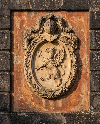 Carved Limestone Griffin Cartouche on Wall