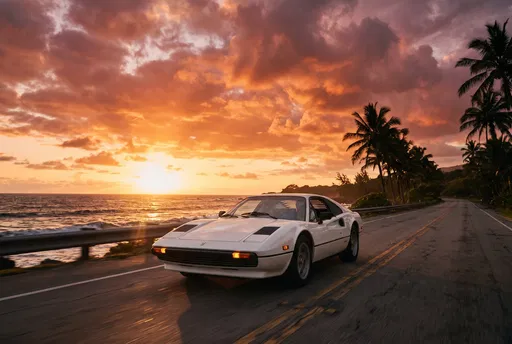 White Retro Sports Car at Sunset