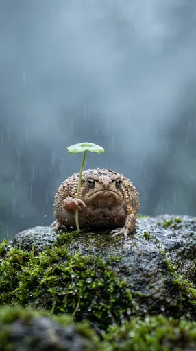 Grumpy Frog Holding Leaf Umbrella in Rain