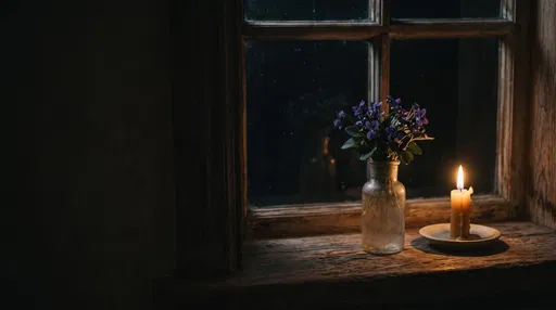 Violets and Candle on Rustic Windowsill