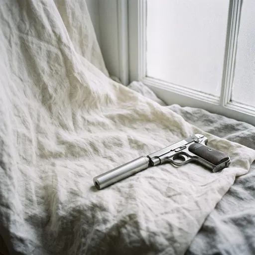 Vintage Silenced Pistol on Linen Near Window
