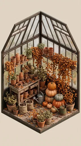 Isometric Autumn Greenhouse Corner with Pumpkins