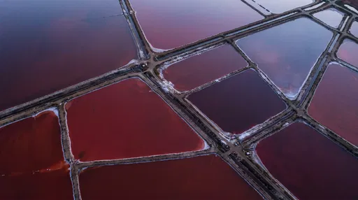 Aerial View of Red Salt Evaporation Ponds