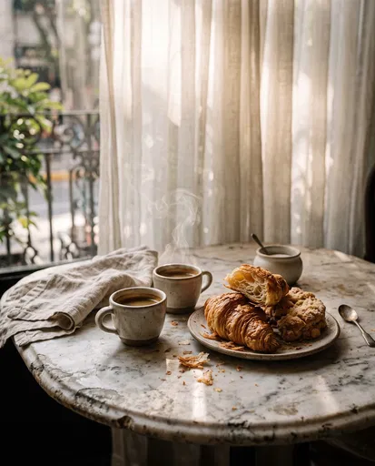 Morning Espresso and Croissants on Marble Table
