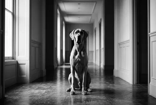 Great Dane Sitting in Monochrome Hallway