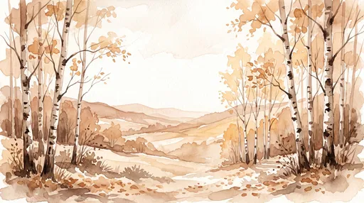 Sepia Watercolor Birch Forest Landscape