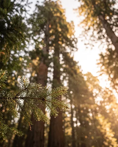 Dewy Pine Branch in Golden Sunlight