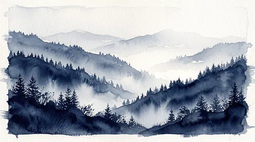 Indigo Watercolor Mountain Ridges Landscape